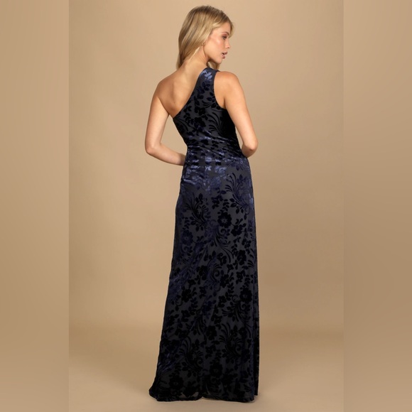Marvelous Moi Navy Blue Burnout Velvet One-Shoulder Maxi Dress - Picture 3 of 7